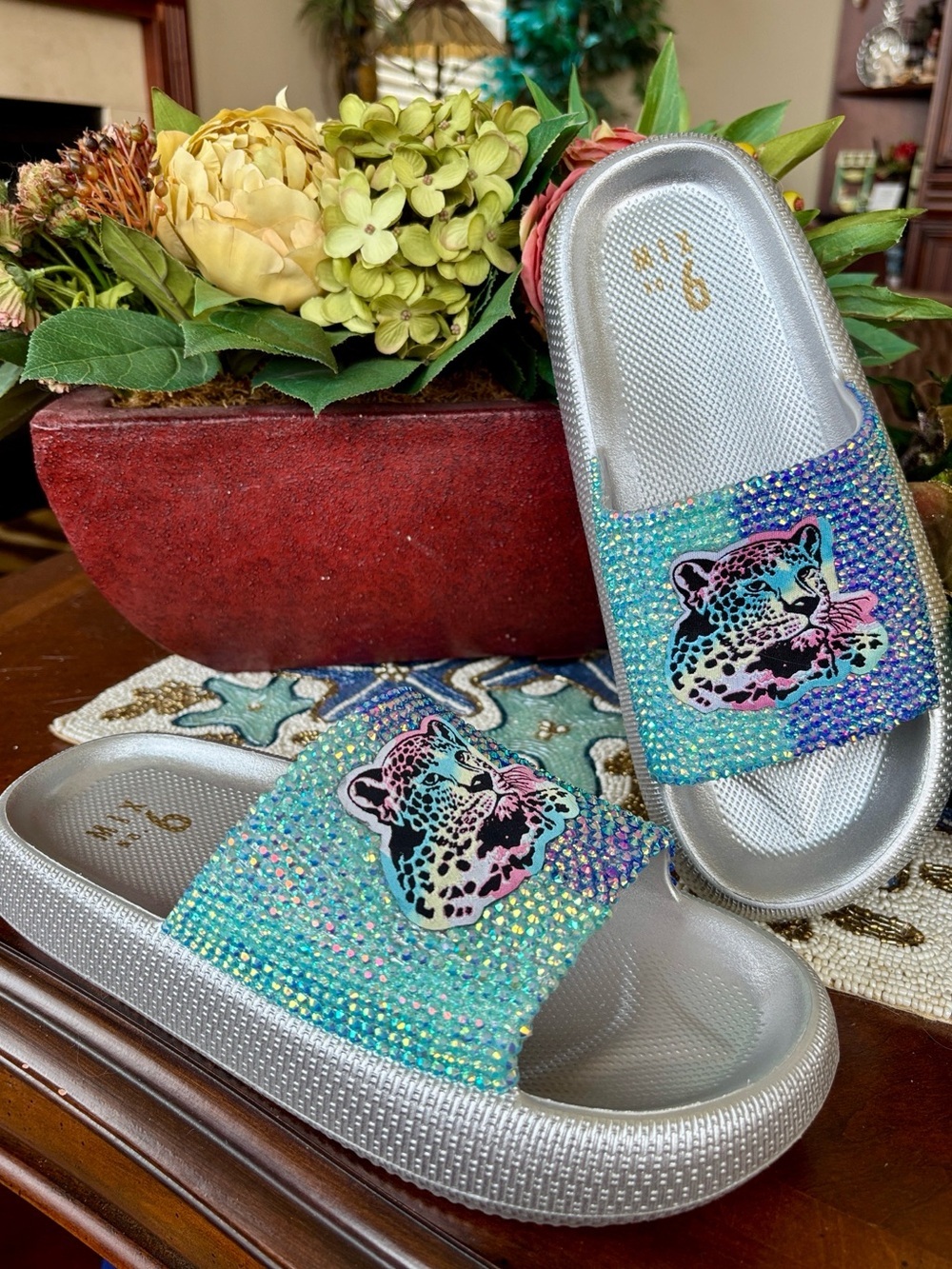 Custom Silver Slides Rainbow Leopard Patch Sparkly Teal & Purple Rhinestones